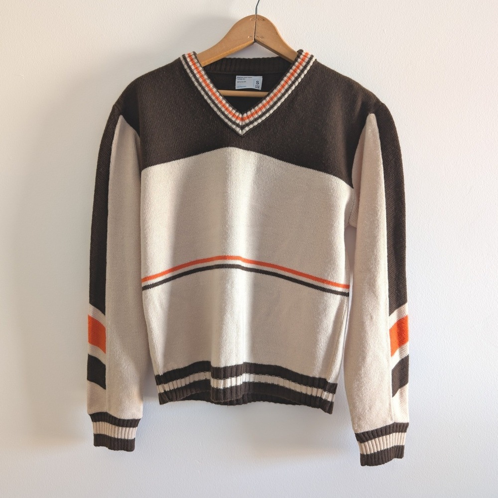 Vintage JCPenney Mens V-Neck Sweater Size Small Brown Orange‎ Cream Stripe 70s